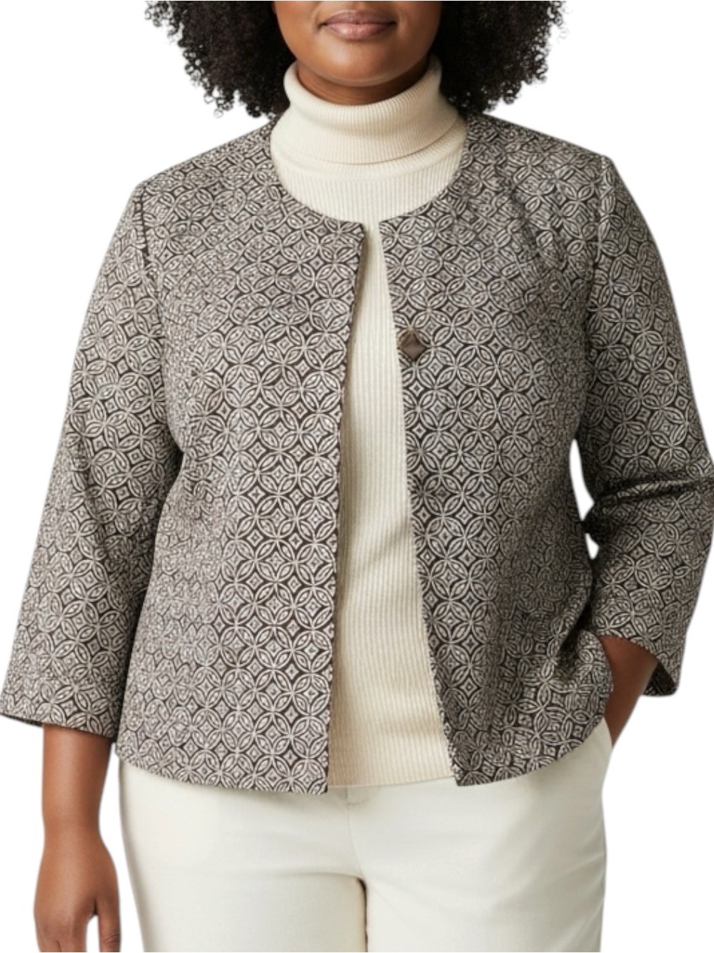 TALBOTS Cropped Geometric Tile Print Blazer Brown/White Size 20W PETITE NWT